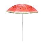 A beach umbrella designed with a vibrant watermelon pattern, featuring shades of red, green, and black, with a white pole.