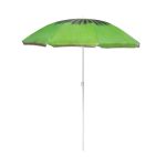 A green beach umbrella with a light design and a white pole. It features a simple, circular shape.