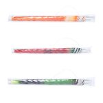 Three beach umbrellas are displayed, featuring orange, red, and green colour patterns, each packaged individually with a logo.