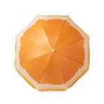 A vibrant orange beach umbrella featuring a design resembling an orange slice, complete with a centre button.