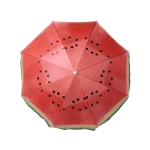 A red beach umbrella featuring a watermelon design with black seeds and a central opening mechanism.