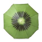A green beach umbrella with a spiral pattern, featuring a central button and a logo.
