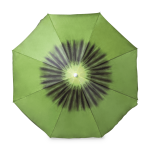 A green beach umbrella with a radial pattern featuring darker shades towards the centre. It has a central pole and a logo.