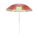 A beach umbrella featuring a vibrant watermelon design with a white pole and a blank area for branding.