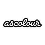 A black and white script sticker featuring the word "ascolour" in a bold, cursive font.
