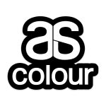 A black and white sticker featuring the words "as colour" in a bold, modern font, with a logo present.
