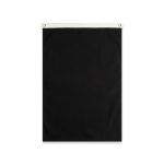 A large black canvas flag with a white header and eyelets for mounting. It features a branding logo.
