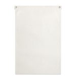A large white canvas flag featuring eyelets for hanging, ideal for exhibitions and events.