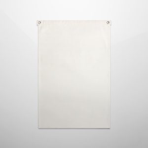 A large white canvas flag with reinforced grommets at the top for displaying or mounting.