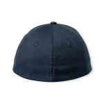 A navy cap with a rounded top and ventilation holes, featuring a branding logo on the back.
