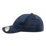 A navy cap with a curved brim and an adjustable strap, featuring a logo on the side.