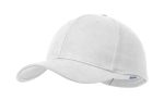 A white cap with a curved brim, featuring a logo on the front.