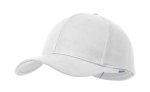 A white cap with a curved brim and a simple design, featuring an interior branding label.