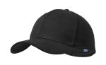 A black cap with a curved brim and a logo on the side. Suitable for headwear and casual use.