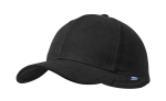 A black cap with a curved brim and a logo on the side. The fabric appears smooth and durable.