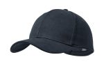 A navy cap featuring a curved peak and a logo on the front.