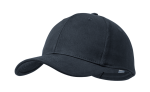 A navy cap with a curved brim and a logo on the side. Suitable as stylish headwear.
