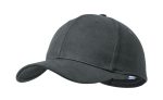A black cap with a curved brim and a fitted design, featuring a logo on the side.
