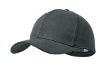 A dark grey cap with a curved brim and a fitted design, featuring a logo on the side.