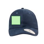 A navy cap featuring a blank square area and a logo or branding on a badge at the side.