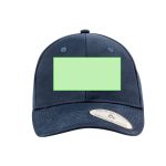 A dark blue cap with a blank green rectangular area on the front and a silver badge on the side.