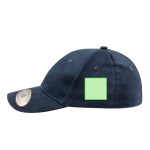 A navy cap featuring a logo on the front and a green square patch on the side.