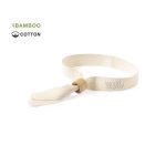 A bamboo and cotton bracelet in a light beige colour, featuring a logo and a unique fastening design.