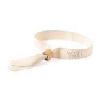 A beige bracelet with a wooden clasp, featuring a logo. The material appears woven and durable.