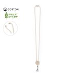A lanyard featuring a light-coloured cotton cord with a round attachment point, branded with a logo.