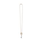 A beige lanyard with a circular attachment and a metal clip at the end, featuring a logo.