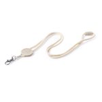 A beige lanyard with a clip attachment, featuring a circular branding area for customisation.