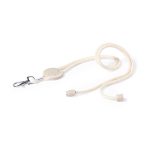 A cream lanyard with a clip and a textured attachment point, designed for exhibitions and events.