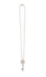 A lanyard in a light colour with a round attachment and a clip for securing items.