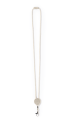 A beige lanyard with a retractable reel and a clip for securing items.
