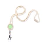 A cream-coloured lanyard with a circular connector and a clip at the end. It includes a branding area.