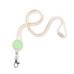 A cream-coloured lanyard with a round attachment and a clip for secure fastening. It has a smooth texture.