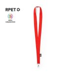 A red lanyard made from RPET material, featuring a clip for attachments and a logo.