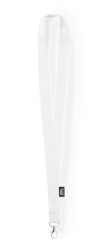 A white lanyard with a silver clip and a logo, designed for exhibitions and events.