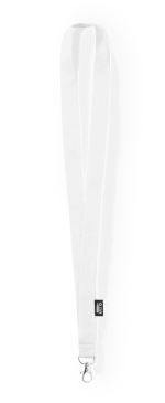 A white lanyard featuring a clip at one end and a branded tag.