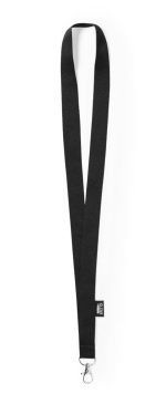 A black lanyard with a metal clip, featuring a small logo tag. Suitable for exhibitions and events.