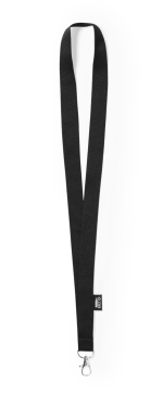 A black lanyard with a metal clip, featuring a simple design and a branding logo.