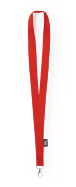 A red lanyard with a clip at the end, featuring a small logo. Ideal for exhibitions and events.