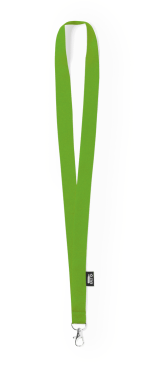 A green lanyard with a silver clip, featuring a logo. Suitable for exhibitions and events.