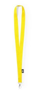 A yellow lanyard with a metal clip at one end and a branding logo on the strap.