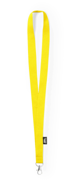 A yellow lanyard featuring a clip for attaching items, with a small logo on one side.