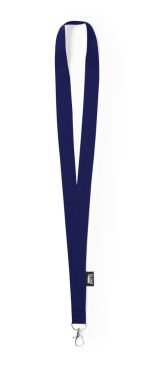 A navy blue lanyard with a metal clip for attaching items, featuring a branding logo.