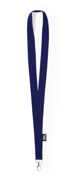 A navy blue lanyard with a hook and a small logo, designed for holding IDs or badges.