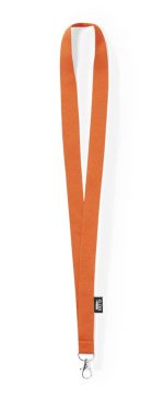 An orange lanyard with a metal clip, featuring a branding logo. Suitable for events and exhibitions.