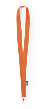 An orange lanyard featuring a metal clip, suitable for holding ID cards or accessories.