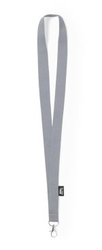 A grey lanyard featuring a metal clip and a branding tag, suitable for holding ID cards or keys.